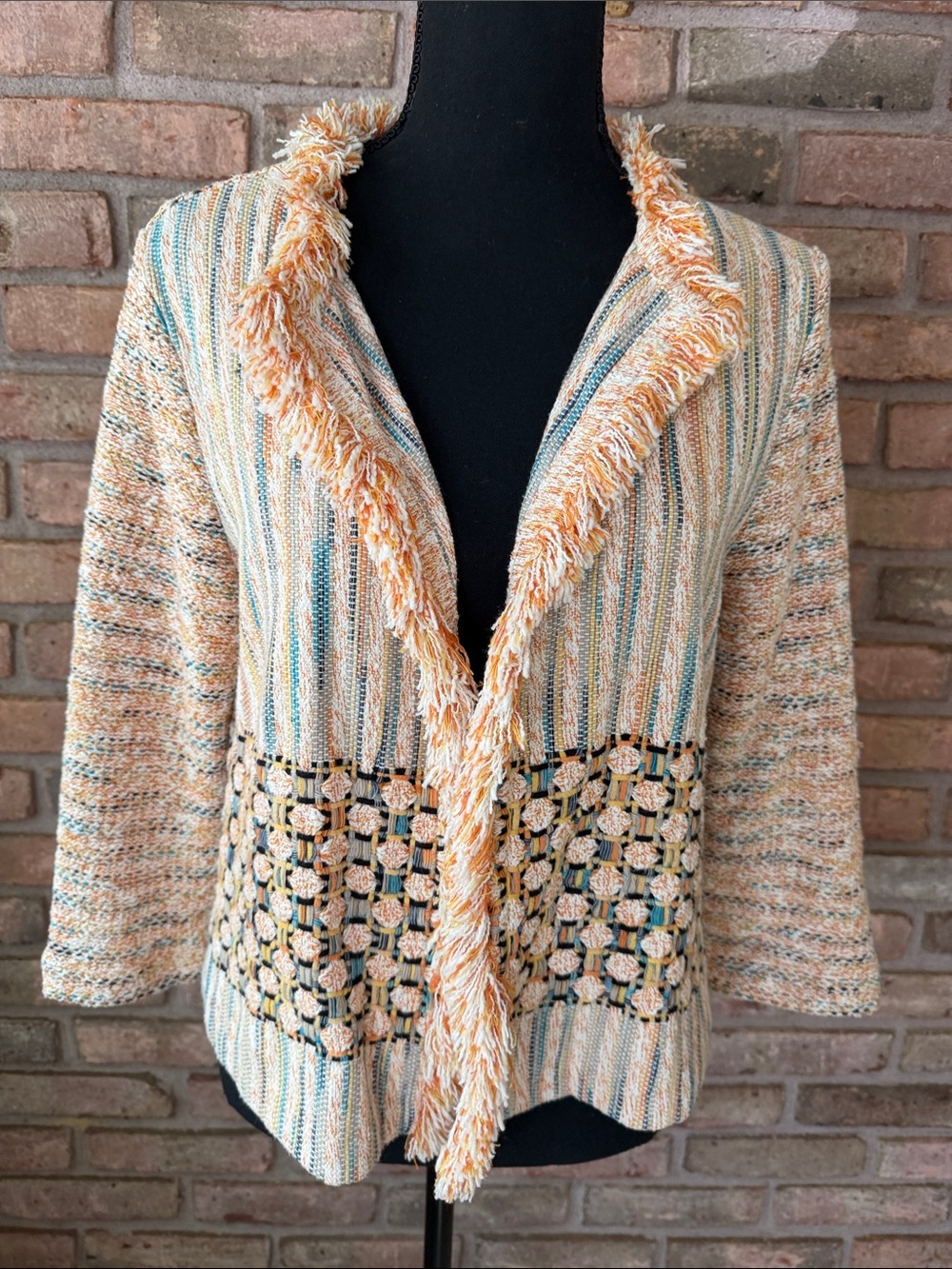 Chico's Multicolor Fringe Open-Front Cardigan — Peach, Cream, Blue